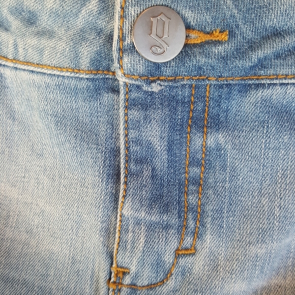 DECREE ♡ Sweet 'n Sexy Distressed Gold Thread Zip Pockets Blue Jean Mini Skirt 3 - Picture 12 of 15